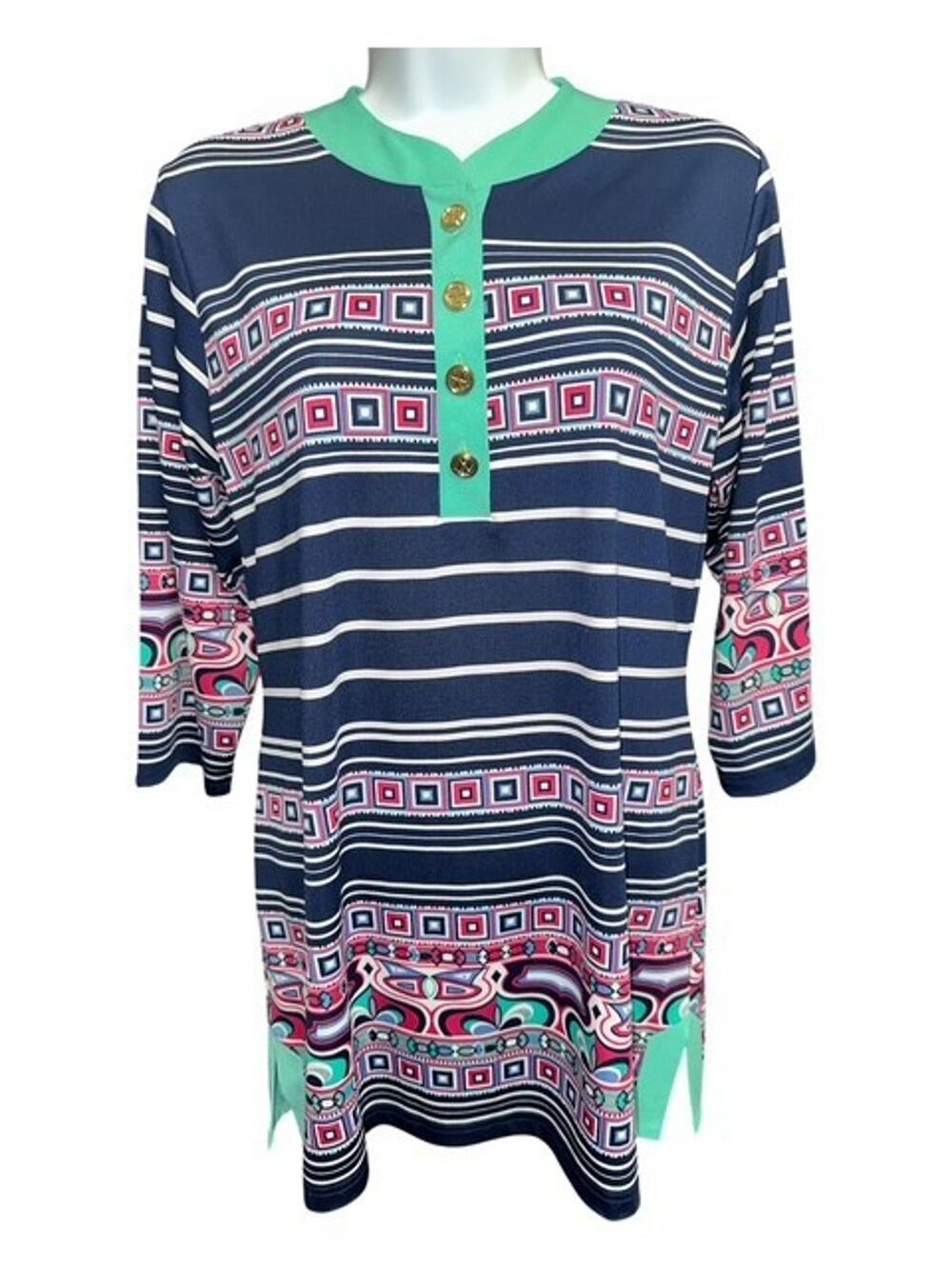 Negoshian Medium Top Navy Blue Green Tunic BOHO Geometric Gold Button 3/4 Sleeve